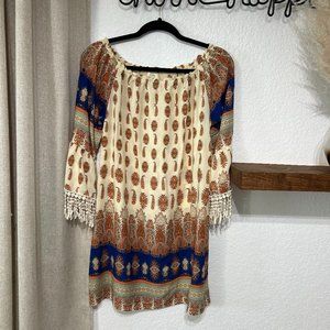 Kori America - Off Shoulder Tassel Sleeve Dress - Size S